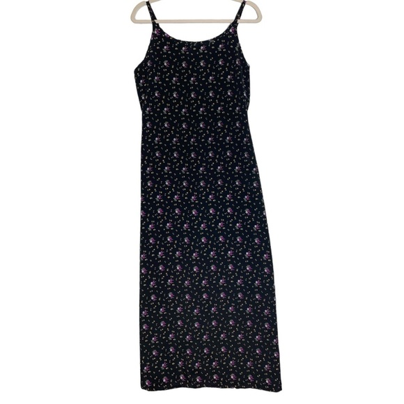 VTG Long Black Purple Floral Dress Polyester Medium Y2K 90’s  Sun Dress Garden - Picture 3 of 9